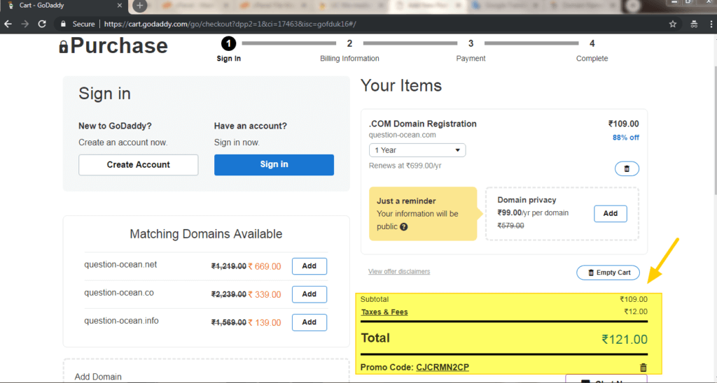 GODADDY AFTER COUPON APPLIED