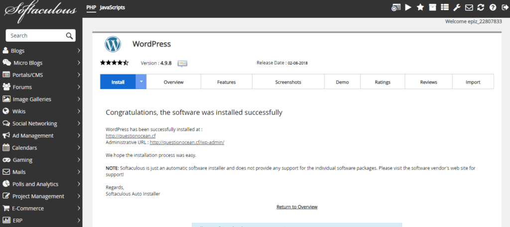 installed wordpress