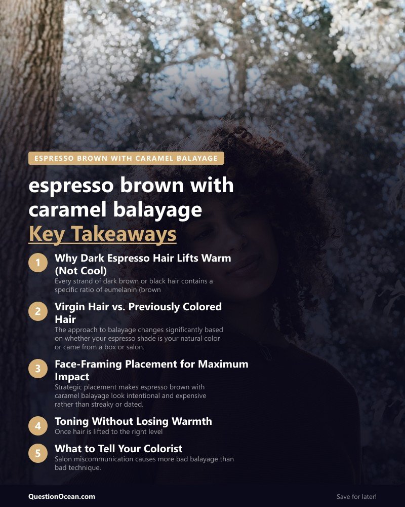 Key takeaways about espresso brown with caramel balayage